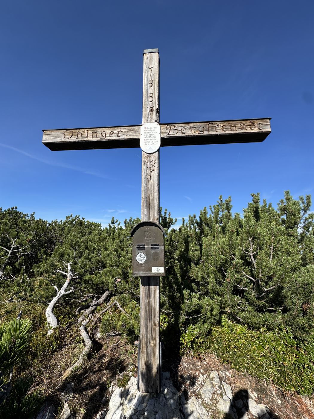 Helles Holzkreuz, auf dem Querbalken steht Obinger Bergfreunde, ringsum Latschen.