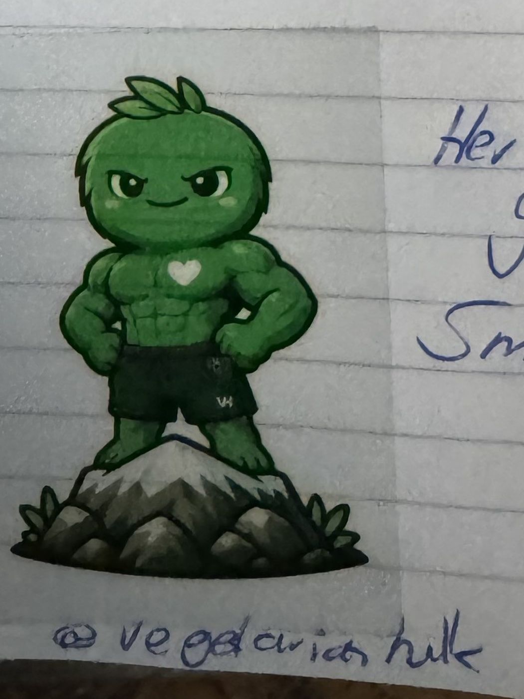 Eintrag im Gipfelbuch: ein Smashie-Aufkleber, der auf einem Felsen steht, darunter handschriftlich @vegetarianhulk.